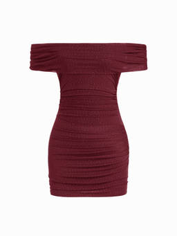 Cider - Sequin Mesh Women's Off-Shoulder Ruched Bodycon Mini Dress Wine