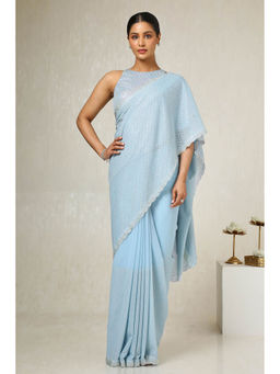 Soch - Women's Powder Blue Georgette Embellished Saree with Unstitched Blouse