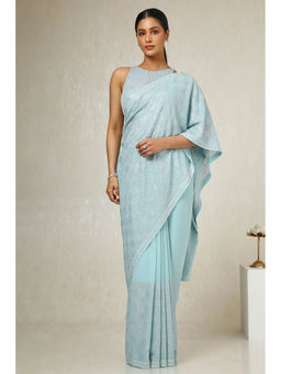 Soch - Women's Blue Georgette Embellished Saree with Unstitched Blouse