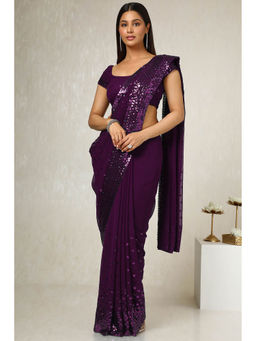 Soch - Women's Wine Georgette Embellished Saree with Unstitched Blouse