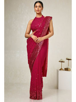 Soch - Women's Pink Georgette Embellished Saree with Unstitched Blouse
