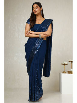 Soch - Women's Blue Georgette Embellished Saree with Unstitched Blouse