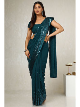 Soch - Women's Teal Georgette Embellished Saree with Unstitched Blouse