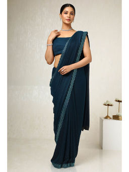 Soch - Women's Teal Chiffon Floral Saree with Unstitched Blouse