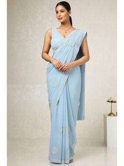 Soch - Women's Powder Blue Georgette Embellished Saree with Unstitched Blouse