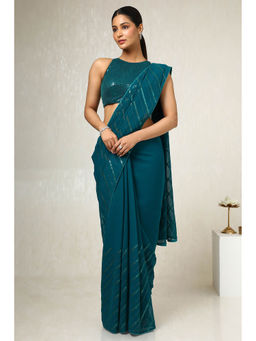 Soch - Women's Teal Georgette Embellished Saree with Unstitched Blouse
