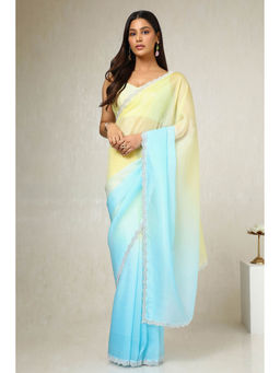 Soch - Women's Yellow Organza Ombre Saree with Unstitched Blouse
