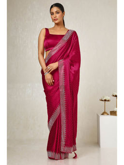 Soch - Women's Magenta Satin Embellished Saree with Unstitched Blouse