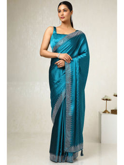 Soch - Women's Teal Satin Embellished Saree with Unstitched Blouse