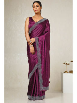 Soch - Women's Wine Satin Embellished Saree with Unstitched Blouse