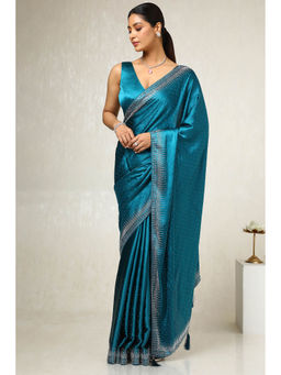 Soch - Women's Teal Satin Embellished Saree with Unstitched Blouse