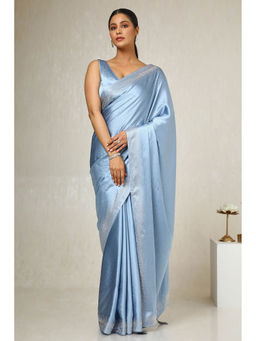 Soch - Women's Powder Blue Satin Embellished Saree with Unstitched Blouse