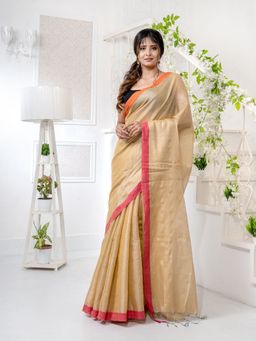 CHARUKRITI - Beige Tissue Handwoven Soft Saree with Unstitched Blouse