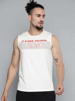 Alcis - Men Off White Typography Printed Slim Fit Gym T-shirt