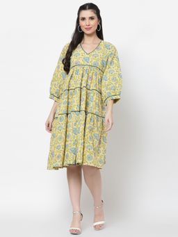 DART STUDIO - Yellow Hand Block Printed Cotton Dress