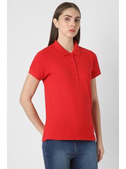 Van Heusen - Women Red Solid Casual Neck Polo T-Shirt