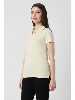 Van Heusen - Women Beige Textured Casual Stylized Neck Polo T-Shirt
