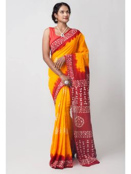 Unnati Silks - Orange Red Batik Kota Cotton Saree with Unstitched Blouse