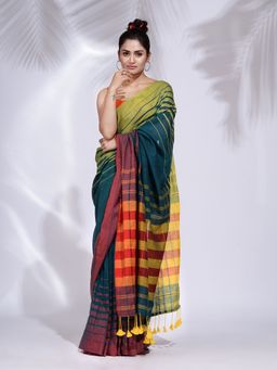 CHARUKRITI - Teal Pure Cotton Handwoven Saree with Stripe Border with Unstitched Blouse