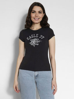 American Eagle - Women Black Hey Baby Printed Short-Sleeves Ribbed T-Shirt