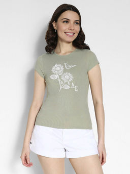 American Eagle - Women Green Hey Baby Floral Short-Sleeves Ribbed T-Shirt