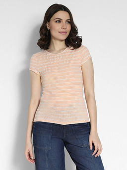 American Eagle - Women Orange Hey Baby Stripes Short-Sleeves Ribbed T-Shirt