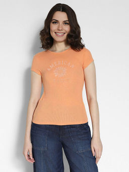 American Eagle - Women Orange Hey Baby Printed Short-Sleeves Ribbed T-Shirt