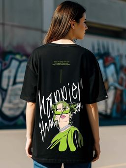 Bewakoof - Women's Black Happier Than Ever (Billie) Graphic Printed Oversized T-shirt