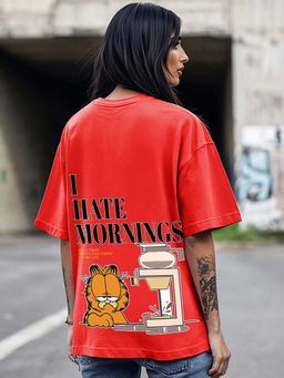 Bewakoof - Women's Red Garfield Hates Mornings Graphic Printed Oversized T-shirt