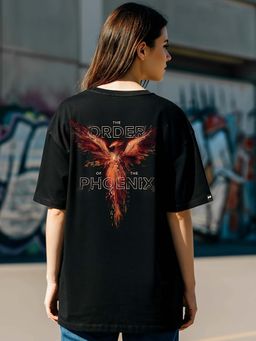 Bewakoof - Official Harry Potter Women's Black Order Of the Phoenix Graphic Printed Oversized T-shirt