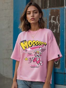 Bewakoof - Women's Pink Sunny Moooood Graphic Printed Oversized T-shirt