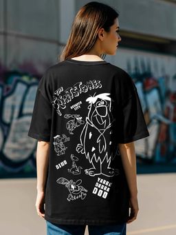 Bewakoof - Cartoon Network Women's Black The Flintstones Graphic Printed Oversized T-shirt