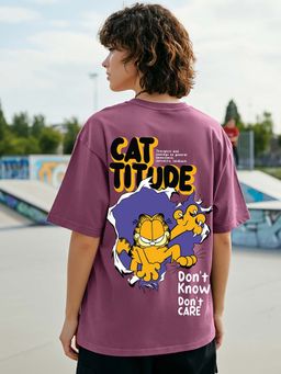 Bewakoof - Official Garfield Women's Purple Don't Care Graphic Printed Oversized T-shirt