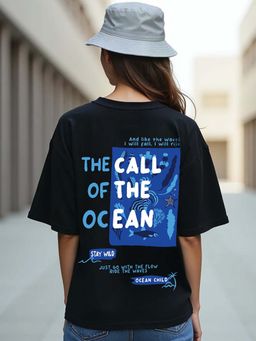 Bewakoof - Women's Black Ocean Child Graphic Printed Oversized T-shirt