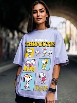 Bewakoof - Official Peanuts Women's Baby Lavender Woke Up Cute Graphic Printed Oversized T-shirt