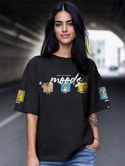 Bewakoof - Women's Black Friends & Feelings T&J Graphic Printed Oversized T-shirt