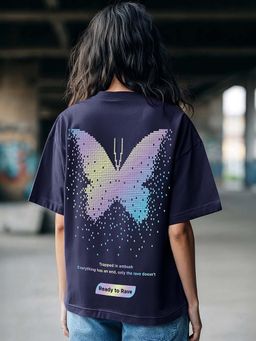 Bewakoof - Heavy Duty 1.0 Womens Skipper Blue Ready To Rave Graphic Printed Oversized T-Shirt