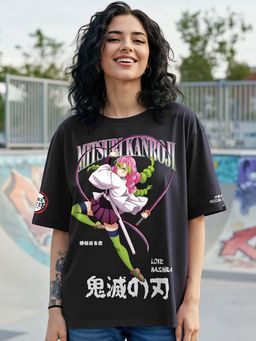 Bewakoof - Demon Slayer Women's Black Love Hasira Graphic Printed Oversized T-shirt