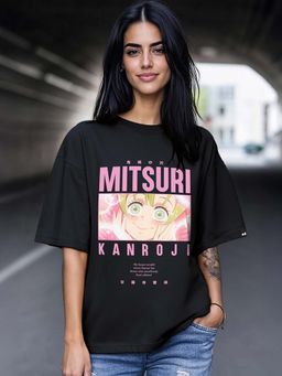 Bewakoof - Demon Slayer Women's Black Mitsuri Kanroji Graphic Printed Oversized T-shirt