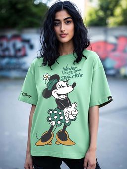 Bewakoof - Official Disney Women's Green Sparkling Minnie Graphic Printed Oversized T-shirt