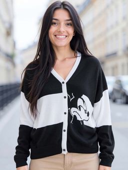 Bewakoof - Official Disney Women's White & Black Mickey Color Block Oversized Sweater