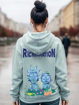 Bewakoof - Women's Cyan Stoned Rick & Morty Graphic Printed Oversized Hoodies