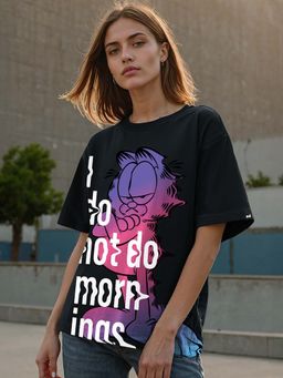 Bewakoof - Official Garfield Women's Black Mornings Graphic Printed Oversized T-shirt