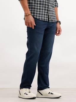 WROGN - Blue Cotton Blend Mid Waist Straight Leg Solid Jeans