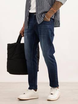 WROGN - Blue Cotton Blend Mid Waist Straight Leg Solid Jeans