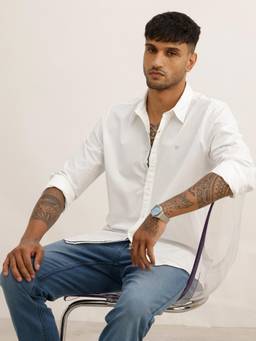WROGN - White Cotton Collar Neck Full Sleeves Solid Shirt