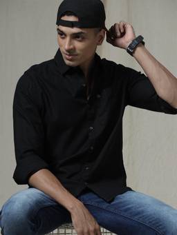 WROGN - Black Cotton Collar Neck Full Sleeves Solid Shirt