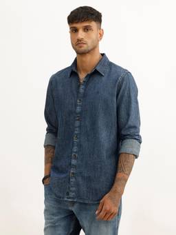 WROGN - Blue Cotton Collar Neck Full Sleeves Solid Shirt
