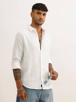 WROGN - White Cotton Collar Neck Full Sleeves Solid Shirt