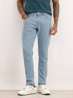 WROGN - Blue Cotton Blend Mid Waist Slim Leg Solid Jeans